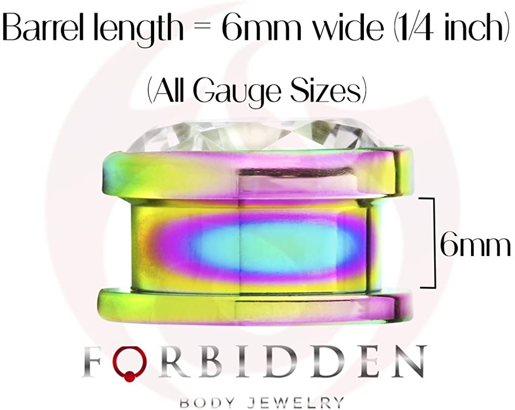 Forbidden Body Jewelry 2pcs 8G-7/8 Surgical Steel Screw Fit CZ Center Rainbow Tunnel Plug Earrings