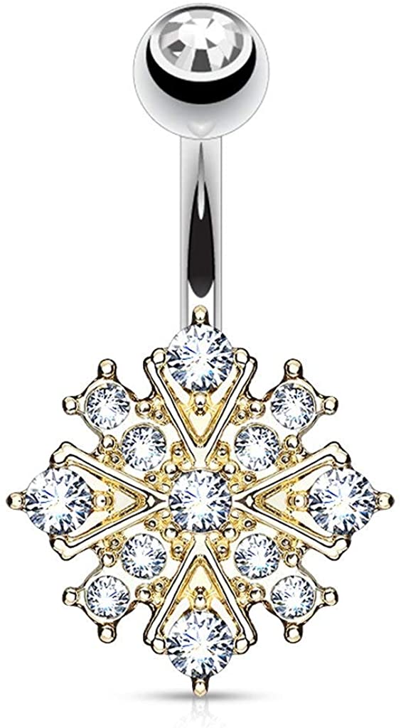 Forbidden Body Jewelry Surgical Steel Crystalline Paved Snowflake Belly Button Ring