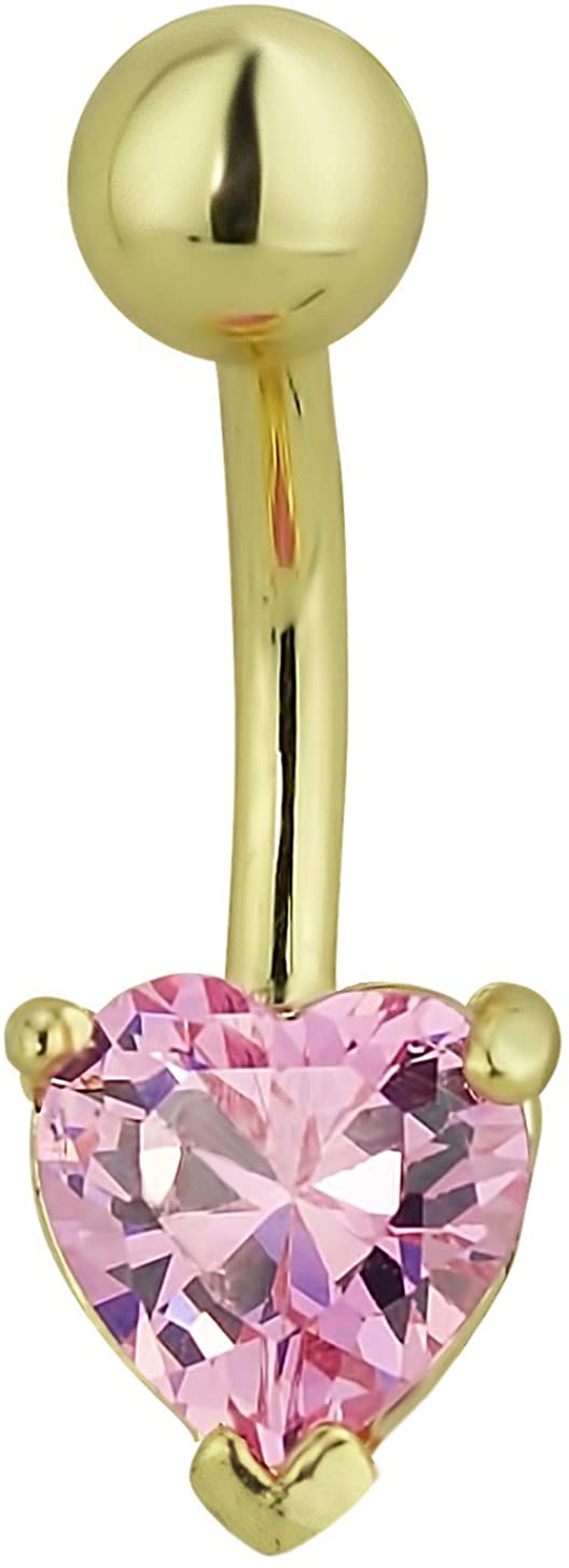 Forbidden Body Jewelry 14kt Gold Plated CZ Crystal Heart Belly Button Ring - Pink