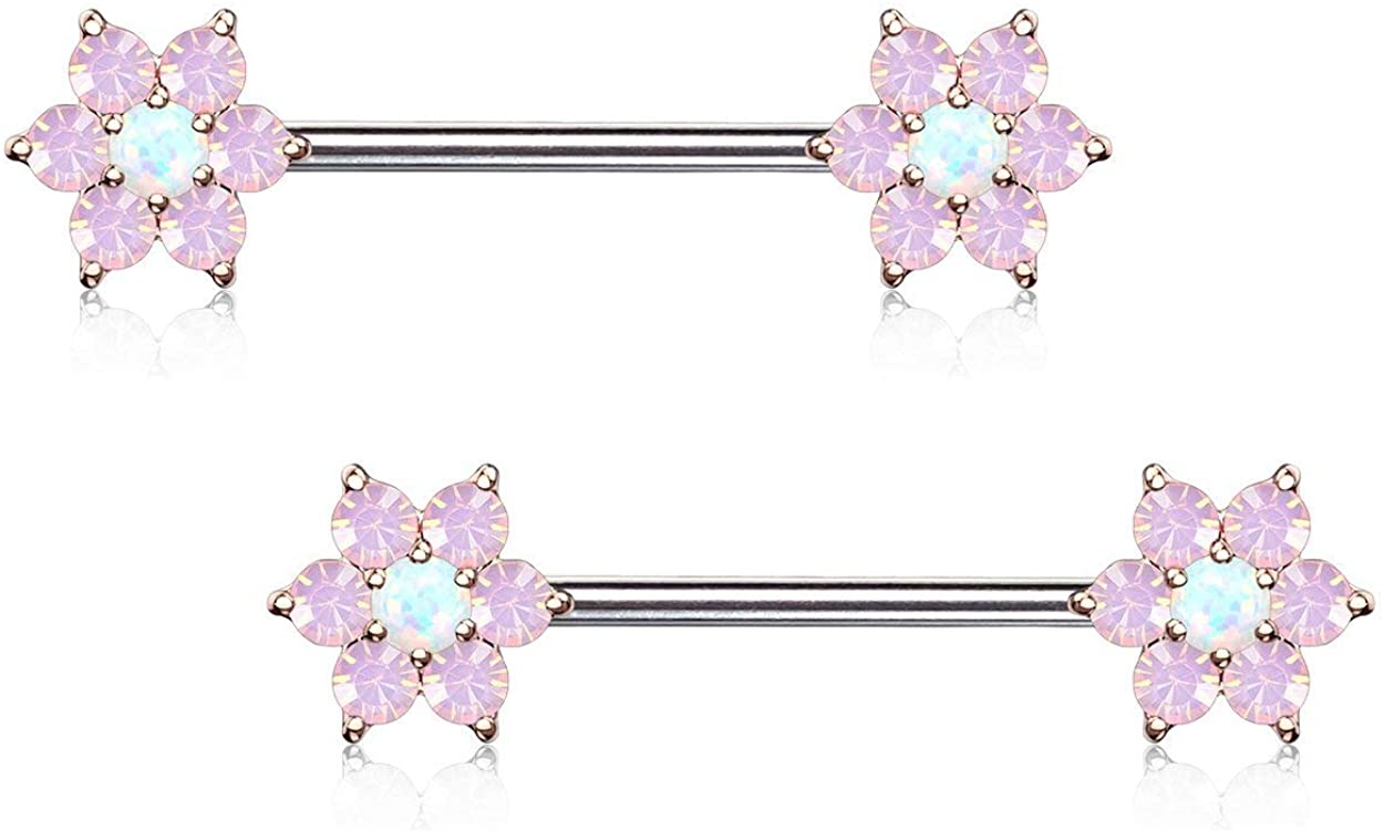 Forbidden Body Jewelry Pair of Surgical Steel 5/8 (16mm) Inch Synthetic Opalite Stone Flower Nipple Barbells