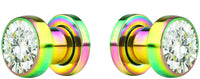 Forbidden Body Jewelry 2pcs 8G-7/8 Surgical Steel Screw Fit CZ Center Rainbow Tunnel Plug Earrings