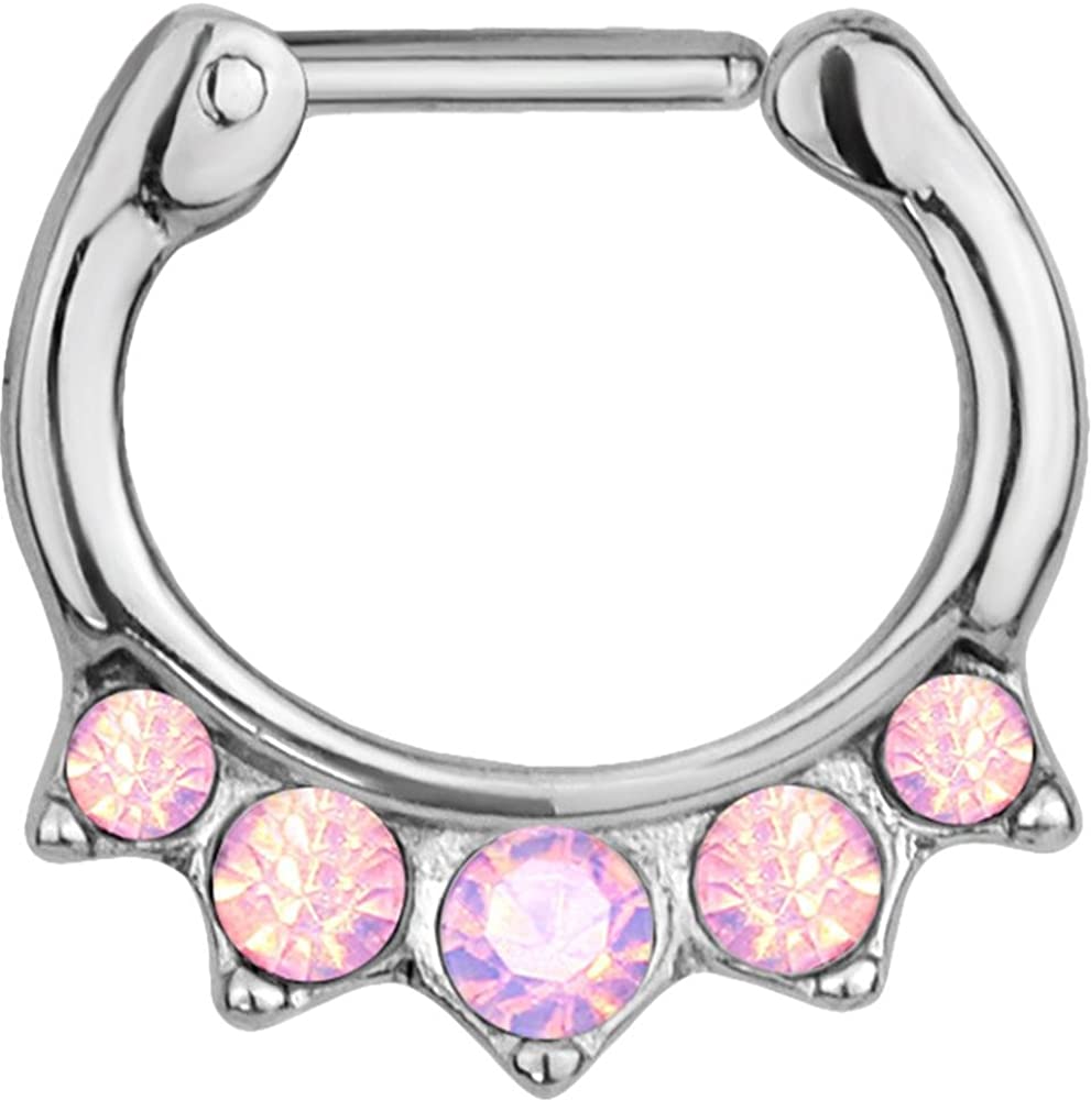 Forbidden Body Jewelry 16g Surgical Steel Synthetic Clear Opal Hanger Septum Clicker Hoop