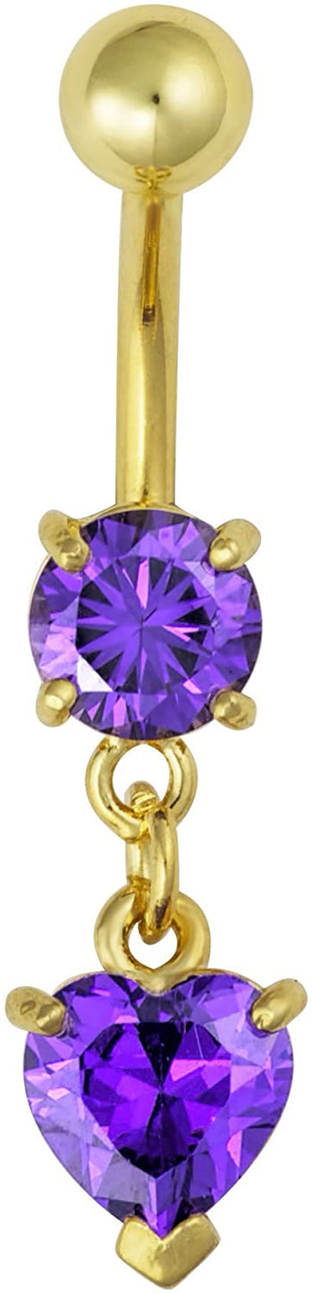 Forbidden Body Jewelry 14kt Gold Plated Surgical Steel Purple CZ Dangle Belly Button Ring with Crystal Heart Charm