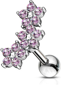 Forbidden Body Jewelry 16g 6mm Surgical Steel Stud for Cartilage, Tragus, More w/Triple Crystal Floral Cluster