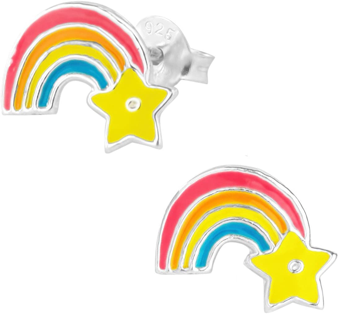 Hypoallergenic Sterling Silver Little Rainbow with Star Stud Earrings for Kids (Nickel Free)