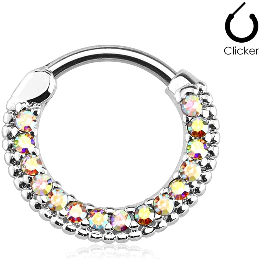 Forbidden Body Jewelry 16g 10mm Rounded Top Pave Lined CZ Crystal Clicker Hoop for Septum and Cartilage Piercings