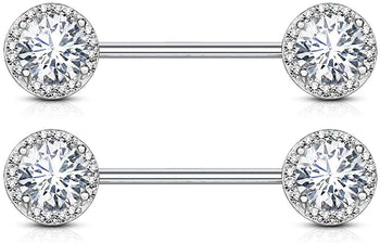 Forbidden Body Jewelry Fancy CZ Halo Frame Surgical Steel Nipple Barbells Set