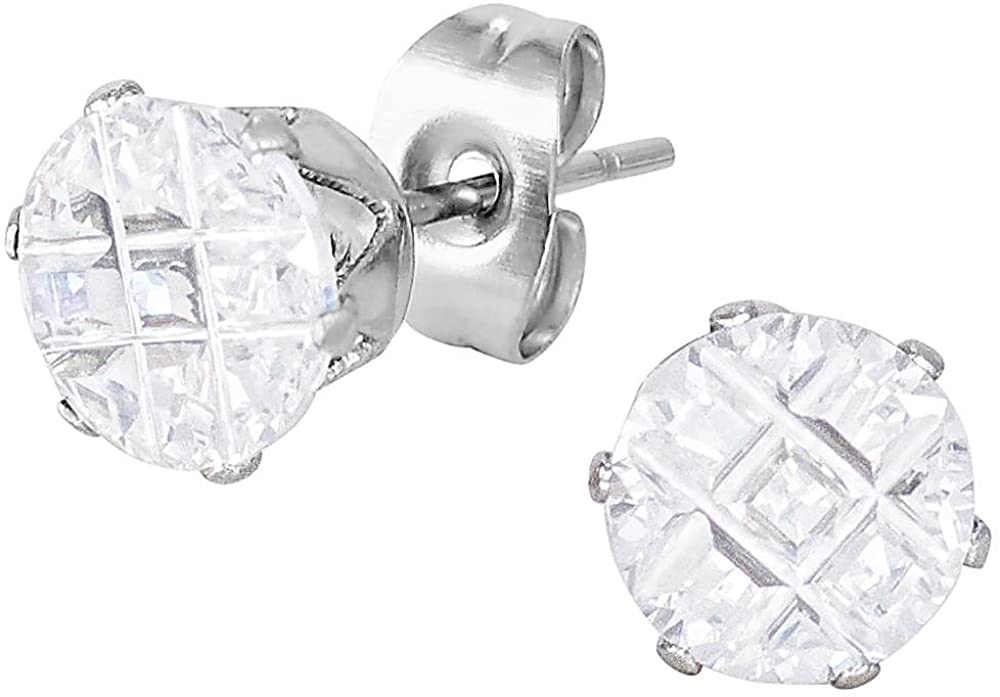 Stainless Steel Cross Cut Crystal Medium Sized Round Stud Earrings for Men