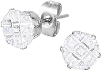 Stainless Steel Cross Cut Crystal Medium Sized Round Stud Earrings for Men