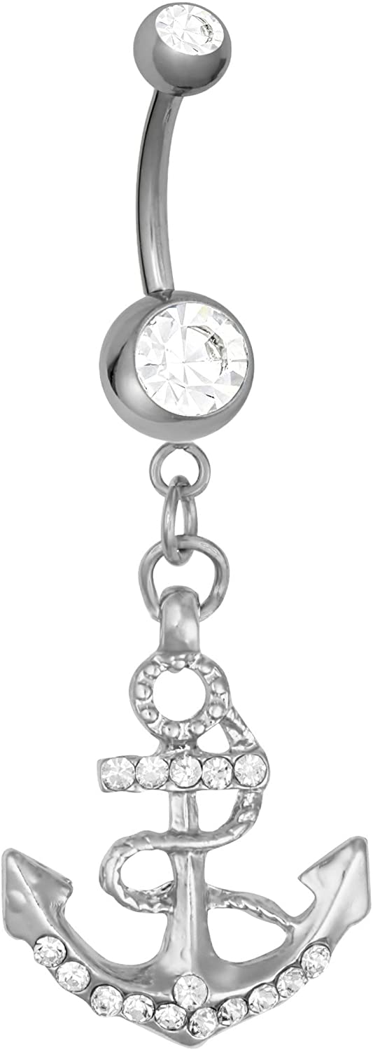 Forbidden Body Jewelry Surgical Steel CZ Crystal Anchor Nautical Dangle Belly Button Ring