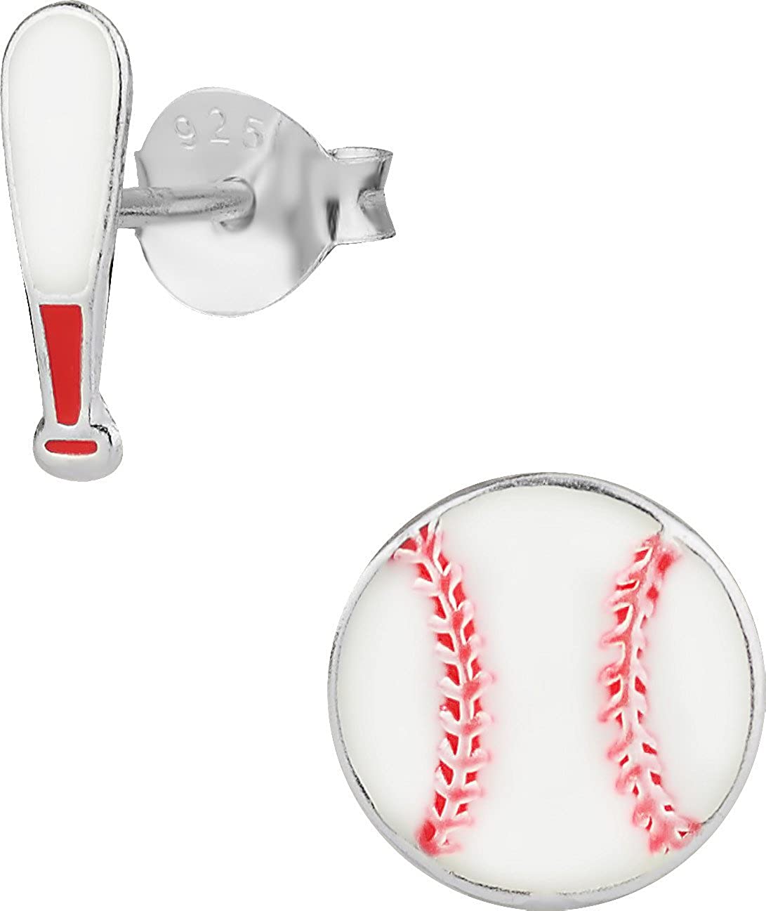 Hypoallergenic Sterling Silver Baseball & Bat Cute Mismatched Stud Earrings for Kids