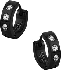 Stainless Steel Black IP Plated CZ Crystal Studded Huggie Hoop Earrings for Men