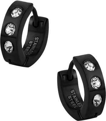 Stainless Steel Black IP Plated CZ Crystal Studded Huggie Hoop Earrings for Men