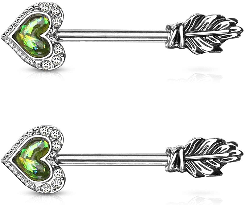 Forbidden Body Jewelry Pave CZ Opalite Heart & Feather Arrow Surgical Steel Nipple Barbells