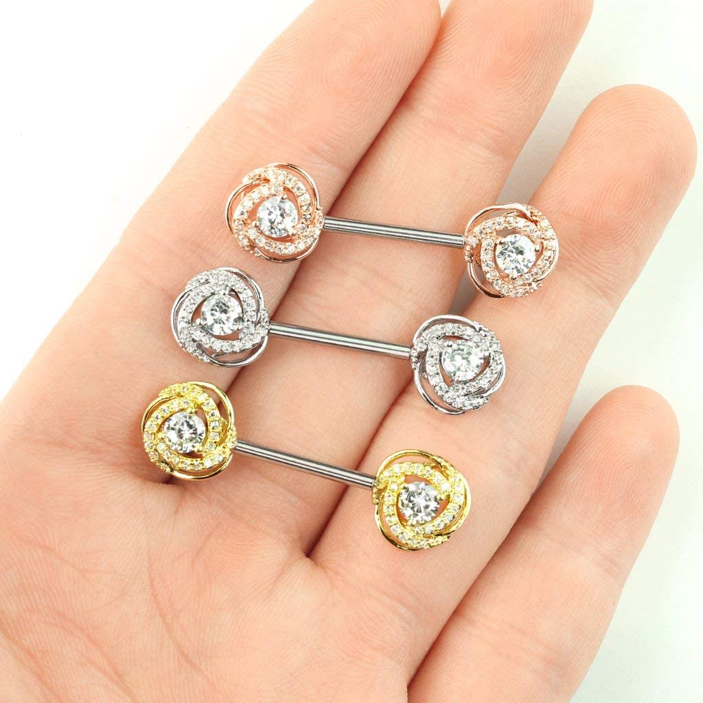 Forbidden Body Jewelry Ultra Glam CZ Swirl Halo Frame Surgical Steel Nipple Barbells