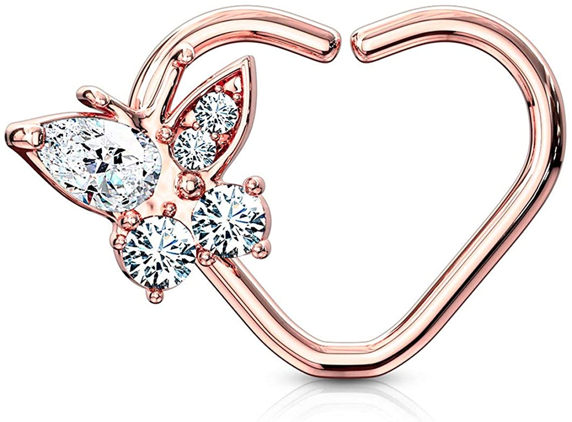 Forbidden Body Jewelry 16g Platinum & Gold Plated Heart w/CZ Butterfly Daith & Cartilage Hoop Earring