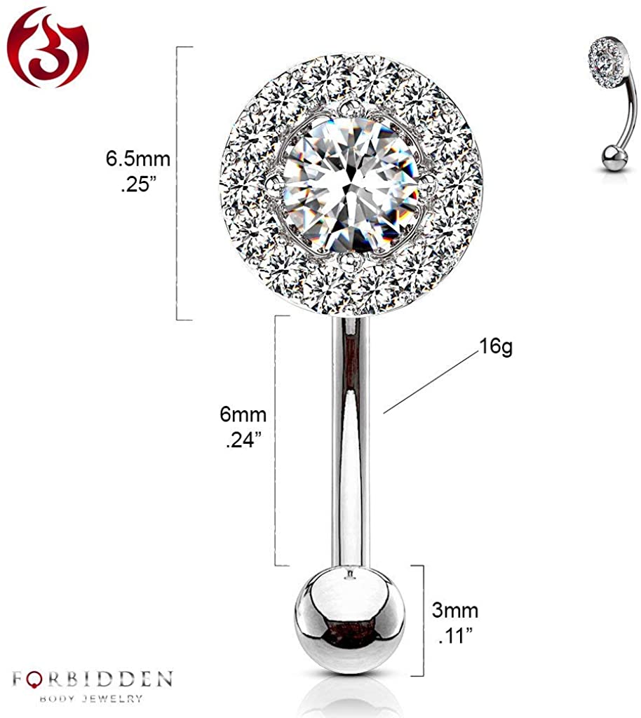 Forbidden Body Jewelry 16g 8mm Surgical Steel Curved Daith, Eyebrow, Rook, Belly Button Barbell w/Double Tier Round CZ Top