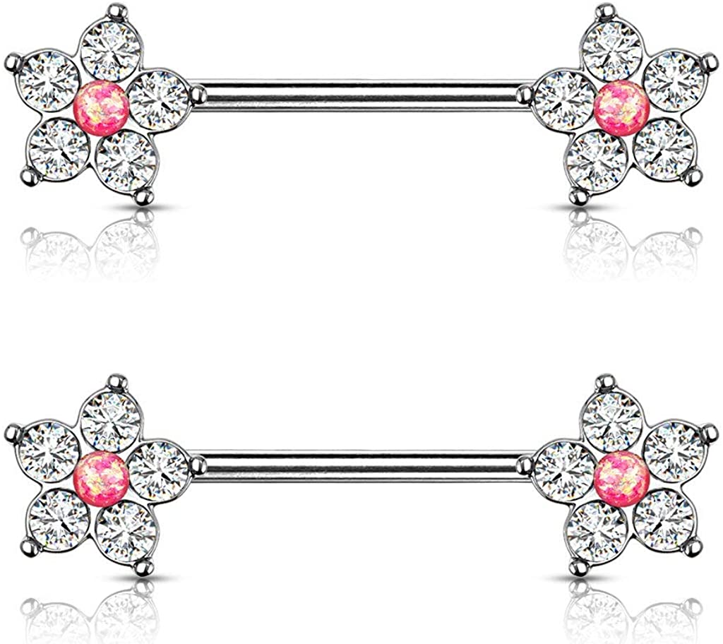 Forbidden Body Jewelry Pair of Surgical Steel 9/16 Inch (14mm) CZ Flower with Faux Centered Opal Nipple Barbells