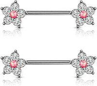 Forbidden Body Jewelry Pair of Surgical Steel 9/16 Inch (14mm) CZ Flower with Faux Centered Opal Nipple Barbells