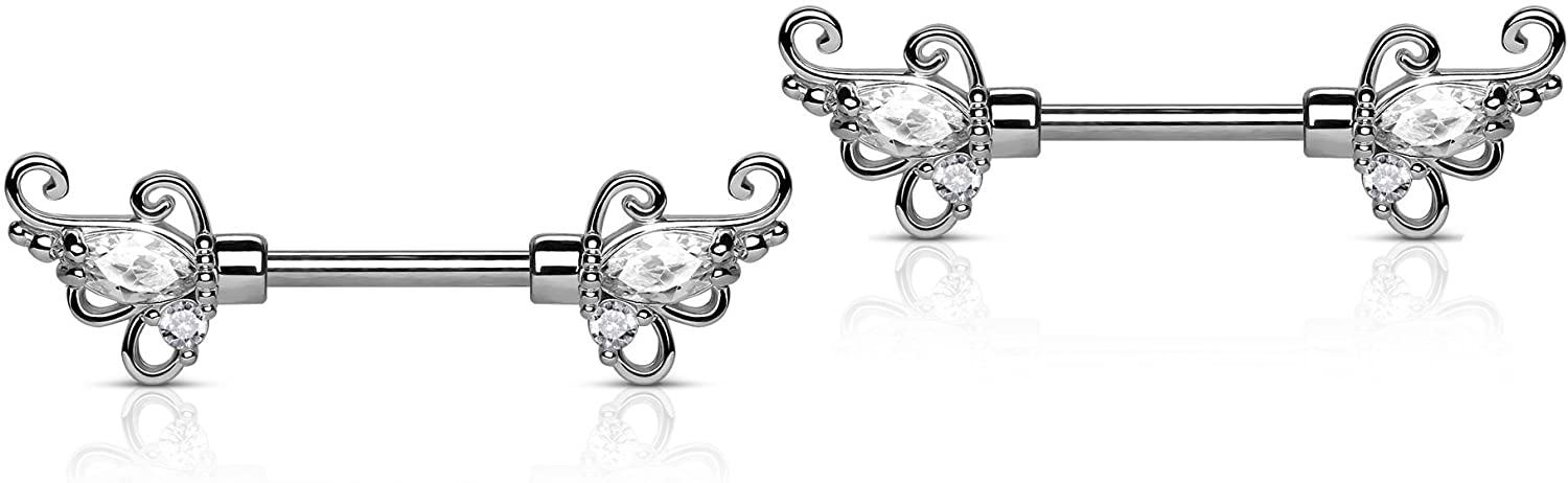 Forbidden Body Jewelry 14g 1/2 Inch (12mm) Surgical Steel & Gold Plated Floral CZ Crystal Nipple Ring Barbell Set