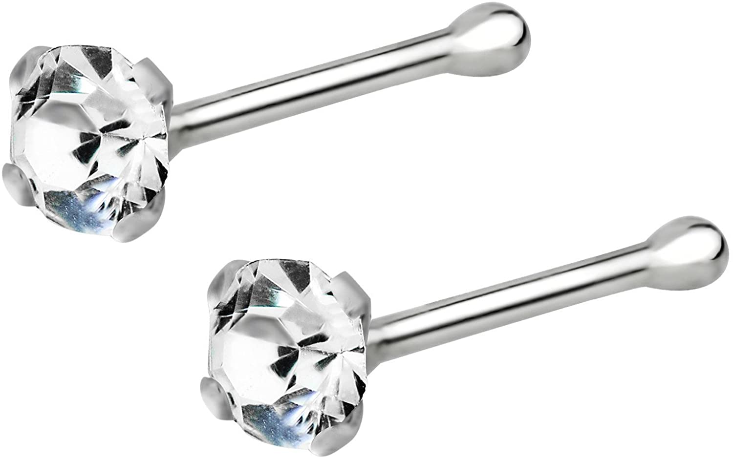 Forbidden Body Jewelry Set of 2: 22g Sterling Silver CZ Simulated Diamond Nose Studs, 2.5mm Crystals