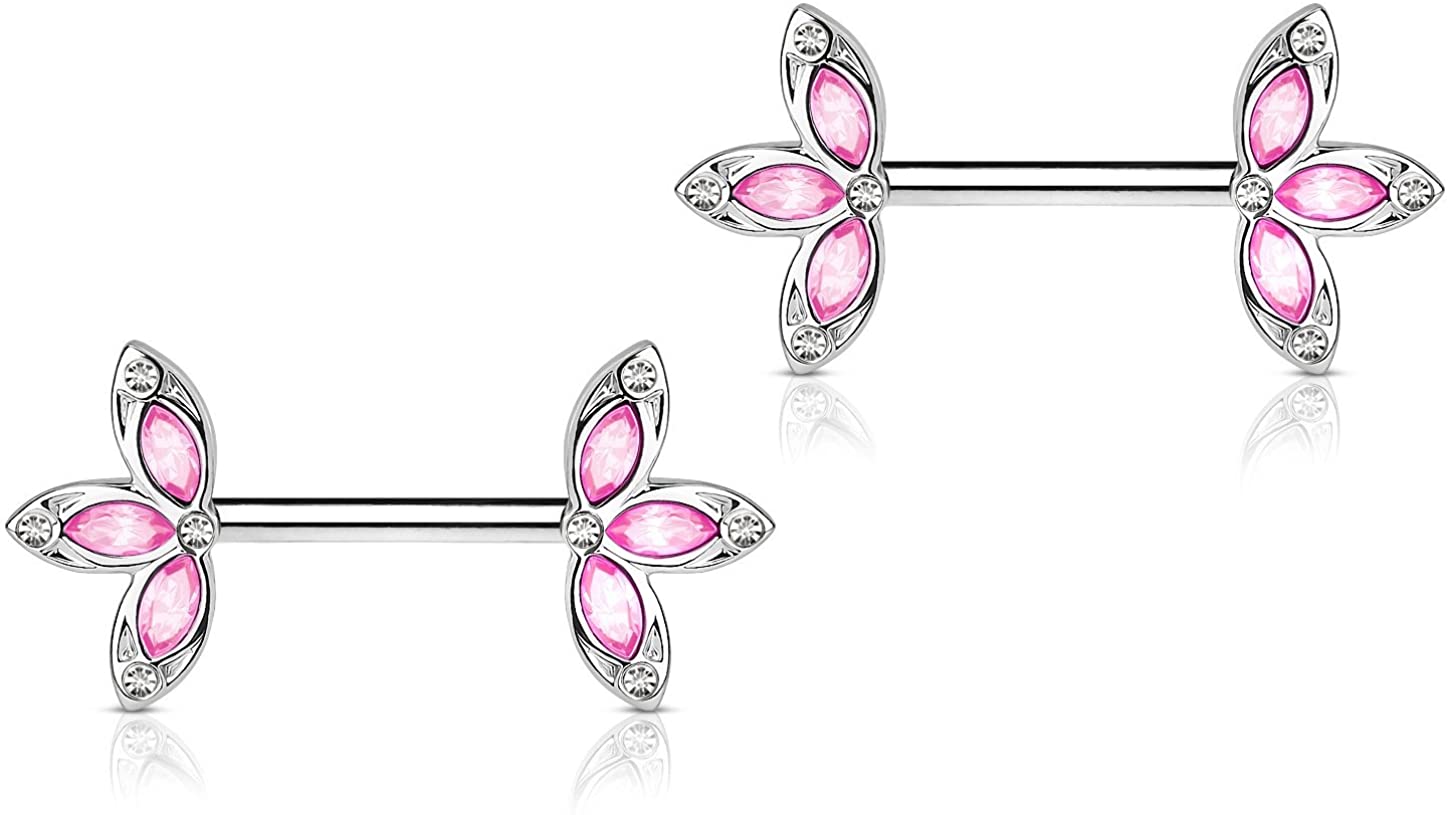 Forbidden Body Jewelry 14G Surgical Steel & Gold IP Plated 15mm CZ Gem-Set Flower Petal Nipple Piercing Barbell Set