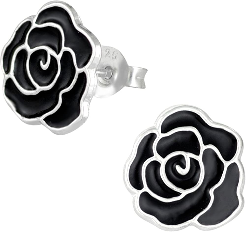 Hypoallergenic Sterling Silver Black Rose Stud Earrings for Kids (Nickel Free)