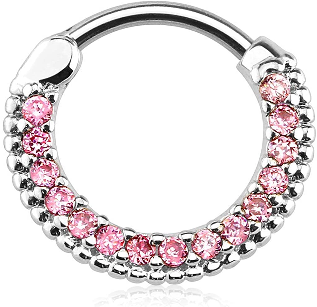 Forbidden Body Jewelry 16g 10mm Rounded Top Pave Lined CZ Crystal Clicker Hoop for Septum and Cartilage Piercings