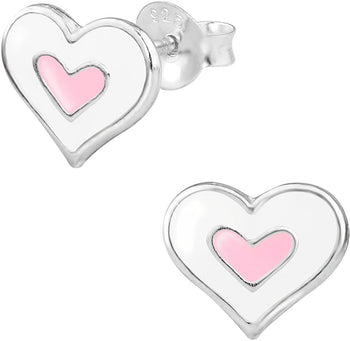 Hypoallergenic Sterling Silver Two Tone White & Pink Heart Stud Earrings for Kids (Nickel Free)