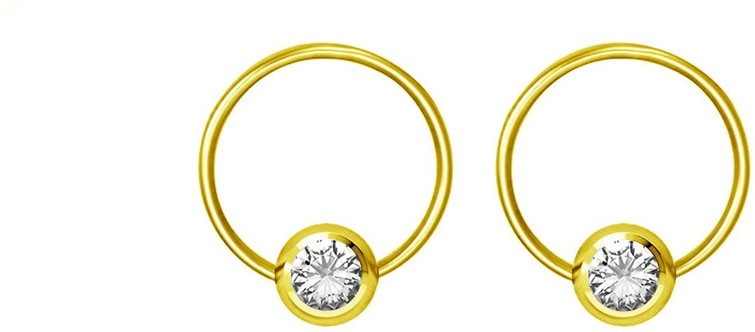 Pair 14g-20g Gold & Rose Gold Tone Surgical Steel CZ Gemmed Captive Bead Body Piercing Hoops (2pcs)