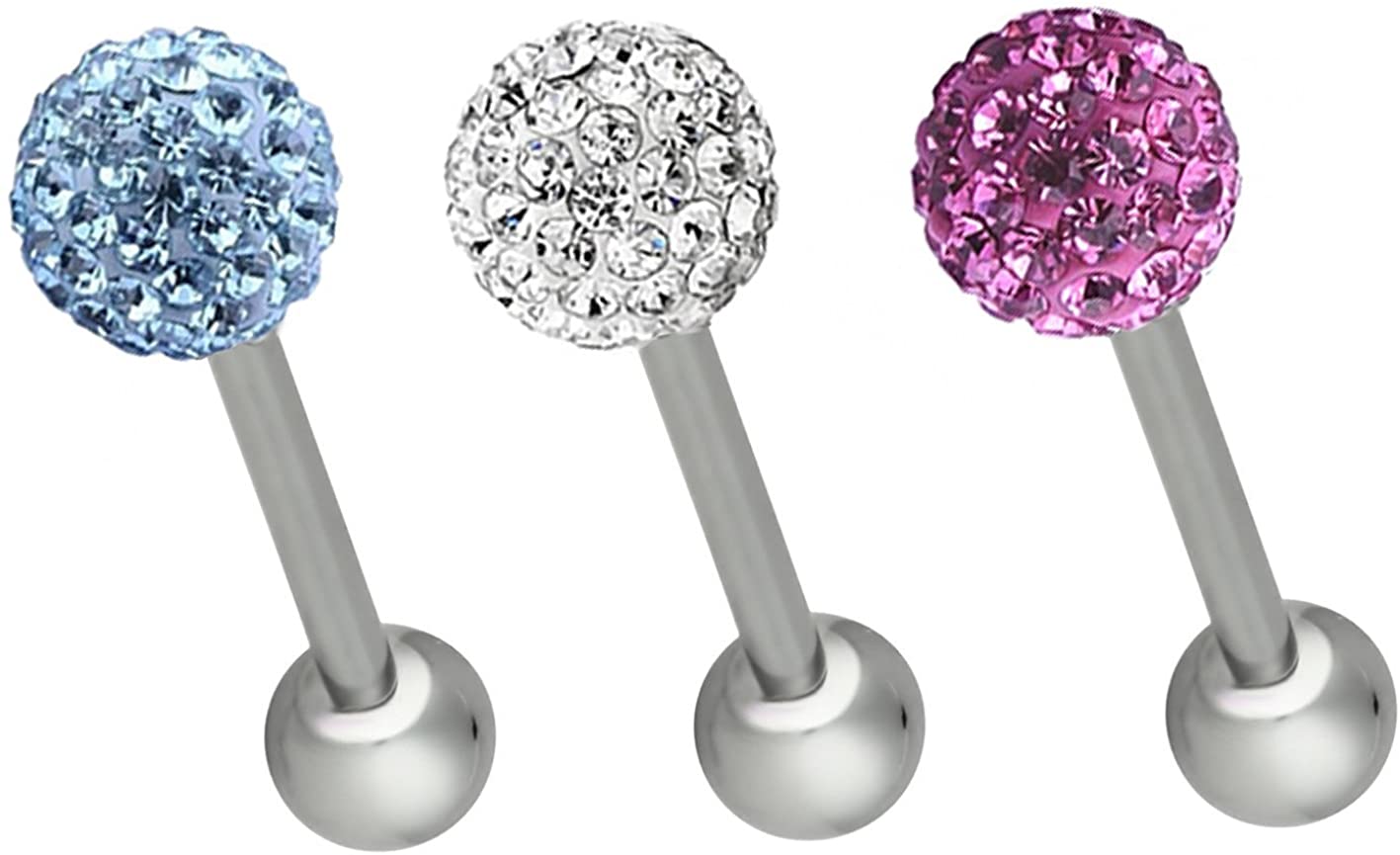 Tongue Ring 3 Pack: 14g 16mm (5/8 Inch) Surgical Steel Crystal Gemmed Ferido Tongue Barbells