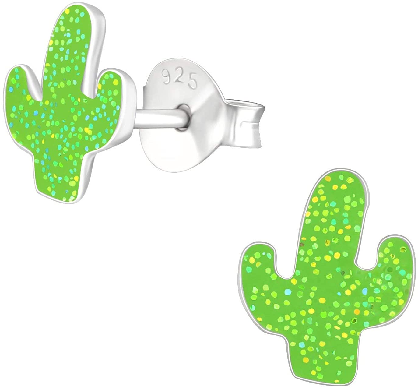 Hypoallergenic Sterling Silver Glitter Green Cactus Stud Earrings for Kids (Nickel Free)