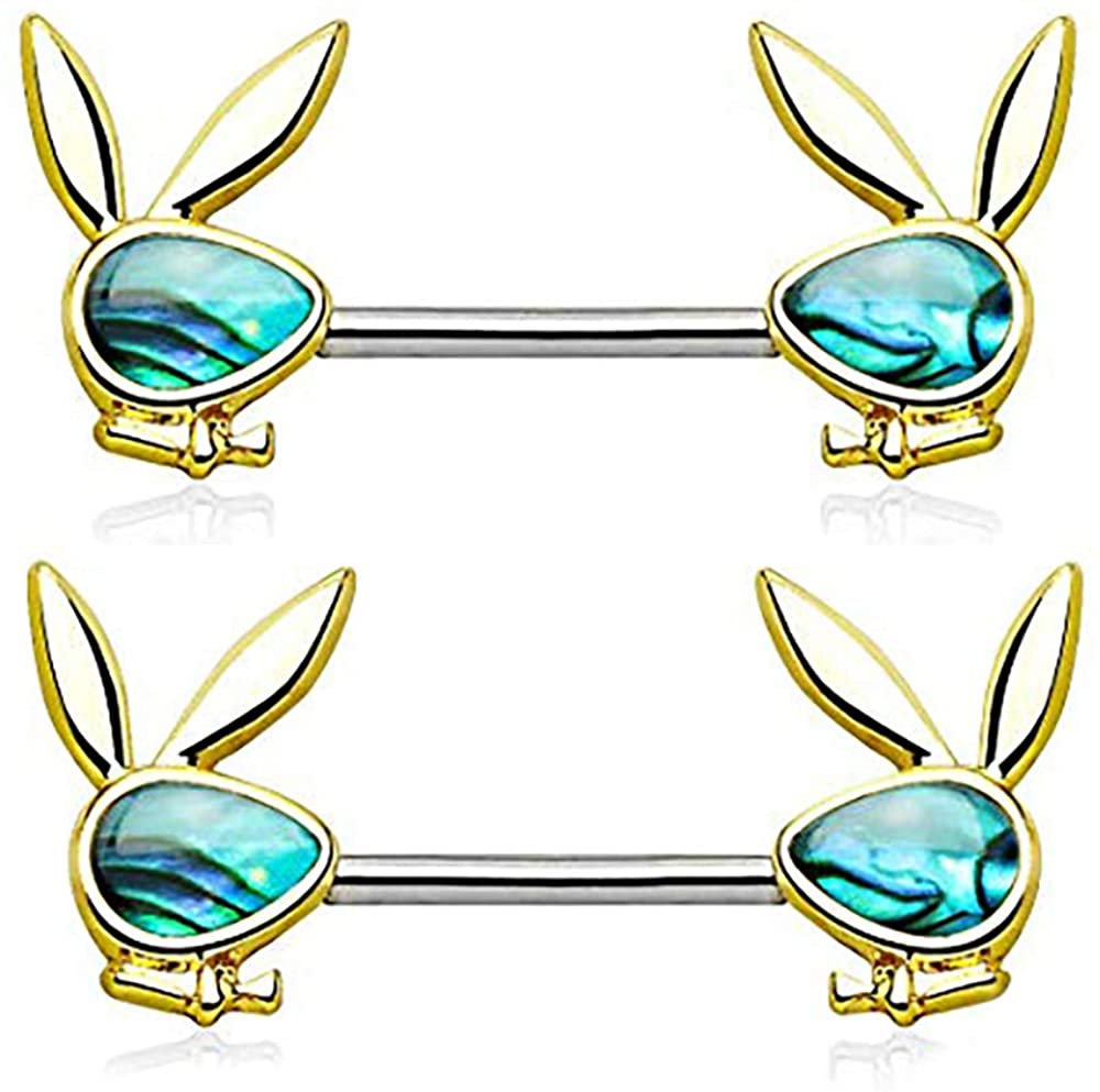 Forbidden Body Jewelry Surgical Steel Abalone Shell Playboy Bunny Emblem Nipple Barbells