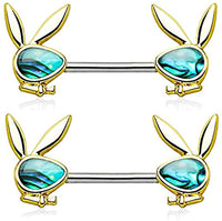 Forbidden Body Jewelry Surgical Steel Abalone Shell Playboy Bunny Emblem Nipple Barbells