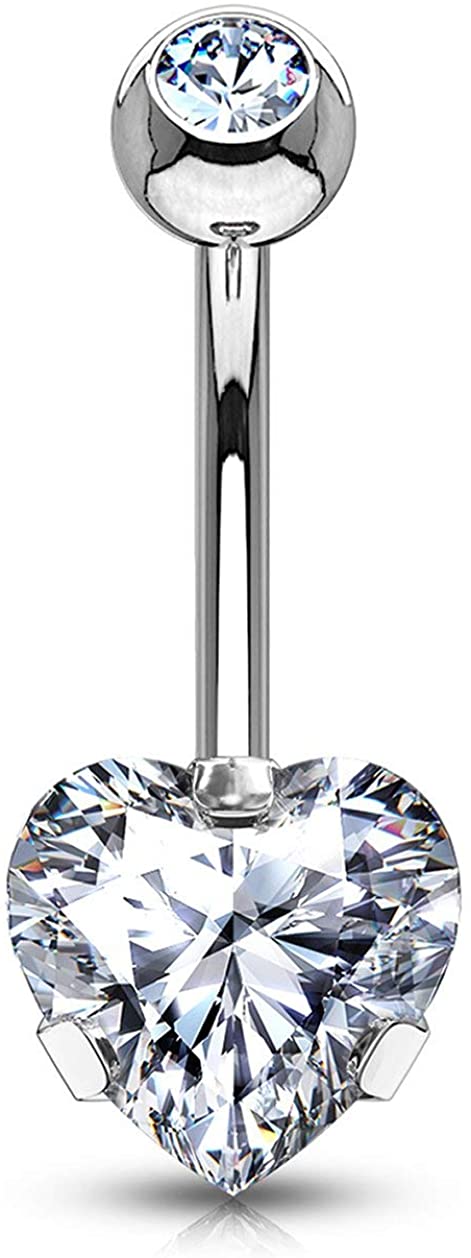 Forbidden Body Jewelry 14g Tri-Prong Heart Shaped CZ Solitaire Belly Button Ring