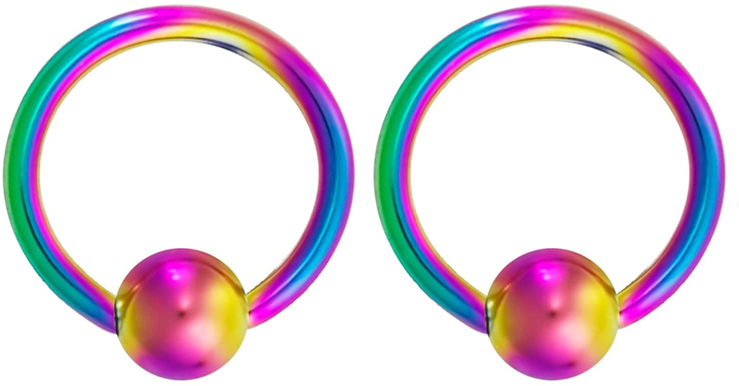 Pair 10g-20g Black/Rainbow Surgical Steel Captive Bead Body Piercing Hoops (Select Color/Gauge/Diameter)