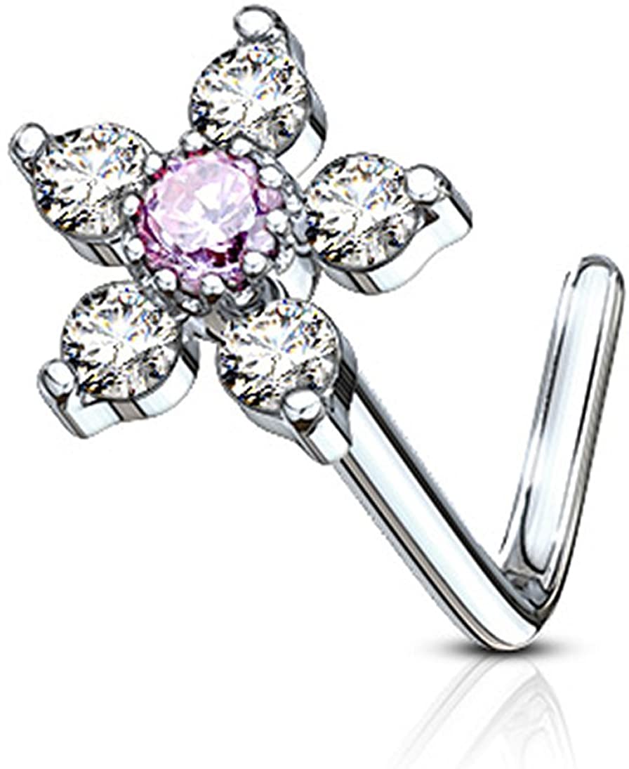 Forbidden Body Jewelry 20g Surgical Steel L Shaped Nose Ring with Large Two-Tone 6-CZ Crystal Flower Top