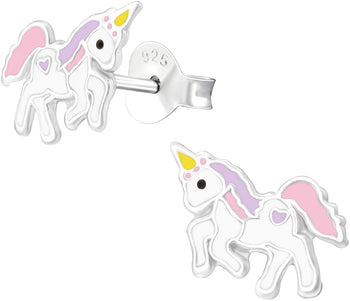 Hypoallergenic Sterling Silver Prancing Unicorn with Heart Earrings for Kids (Nickel Free)