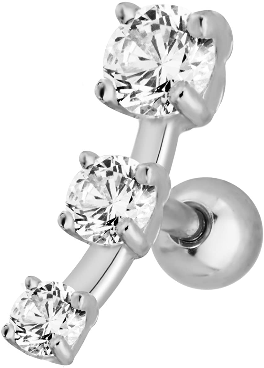 Forbidden Body Jewelry 16g 6mm Surgical Steel Triple CZ Crystal Curved Cartilage Stud Earring