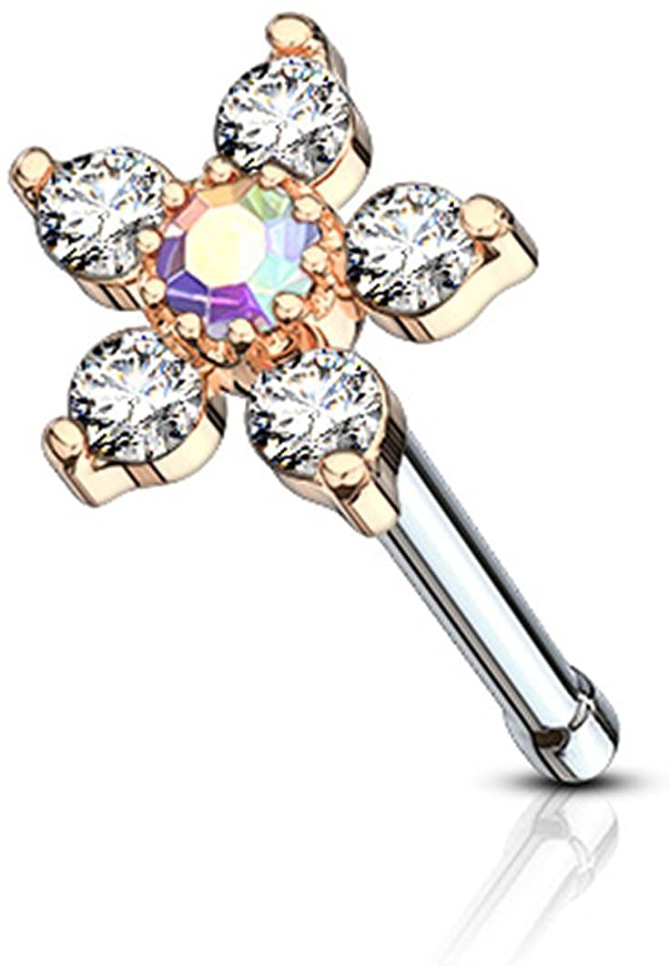 Forbidden Body Jewelry 20g Surgical Steel Nose Stud with Big Bling Two-Tone 6-CZ Crystal Flower Top