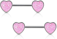 Forbidden Body Jewelry Pair of Surgical Steel 9/16 Inch (14mm) Synthetic Druzy Stone Glitter Effect Heart Nipple Barbells