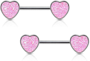 Forbidden Body Jewelry Pair of Surgical Steel 9/16 Inch (14mm) Synthetic Druzy Stone Glitter Effect Heart Nipple Barbells