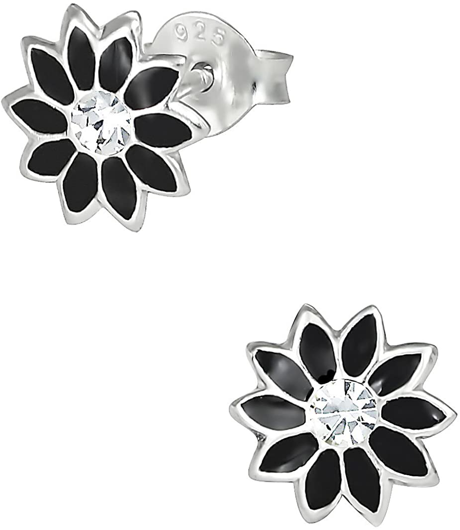 Hypoallergenic Sterling Silver Black Flower Gem Stud Earrings for Kids (Nickel Free)