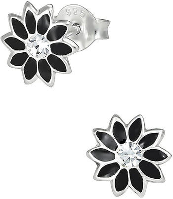 Hypoallergenic Sterling Silver Black Flower Gem Stud Earrings for Kids (Nickel Free)