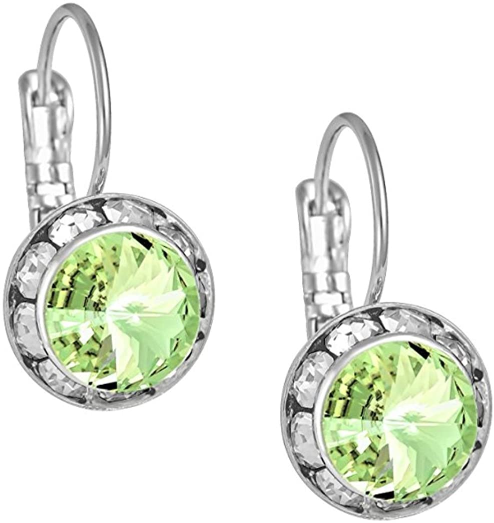 Austrian Crystal Silver Tone Framed Peridot Lever Back Earrings for Women