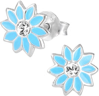 Hypoallergenic Sterling Silver Blue Crystal Sun Flower Stud Earrings for Kids (Nickel Free)