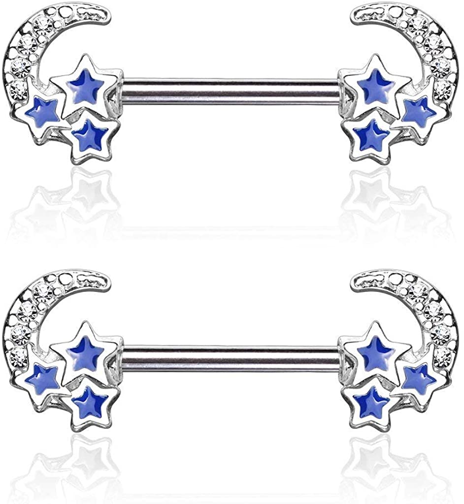 Forbidden Body Jewelry Pave CZ Celestial Moon & Stars 14g Surgical Steel Nipple Barbells (Choose Color)