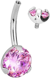 Forbidden Body Jewelry Surgical Steel Internally Threaded 2.5 Ct Solitaire CZ Pink Crystal Belly Button Ring