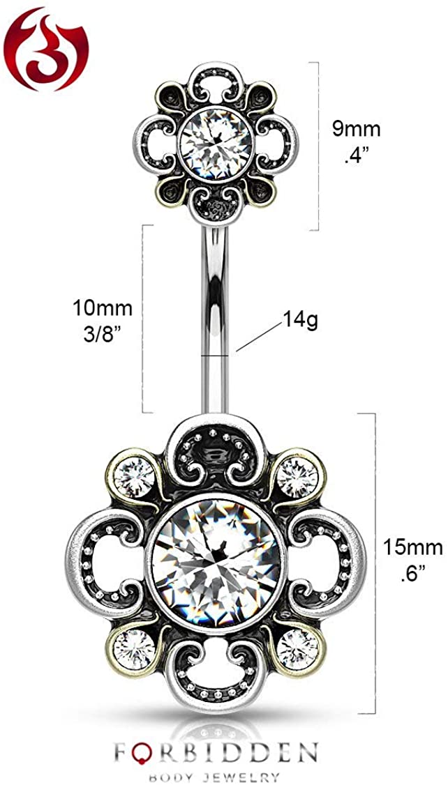 Forbidden Body Jewelry Surgical Steel CZ Centered Flower Vintage Filigree Belly Button Ring with Matching Top