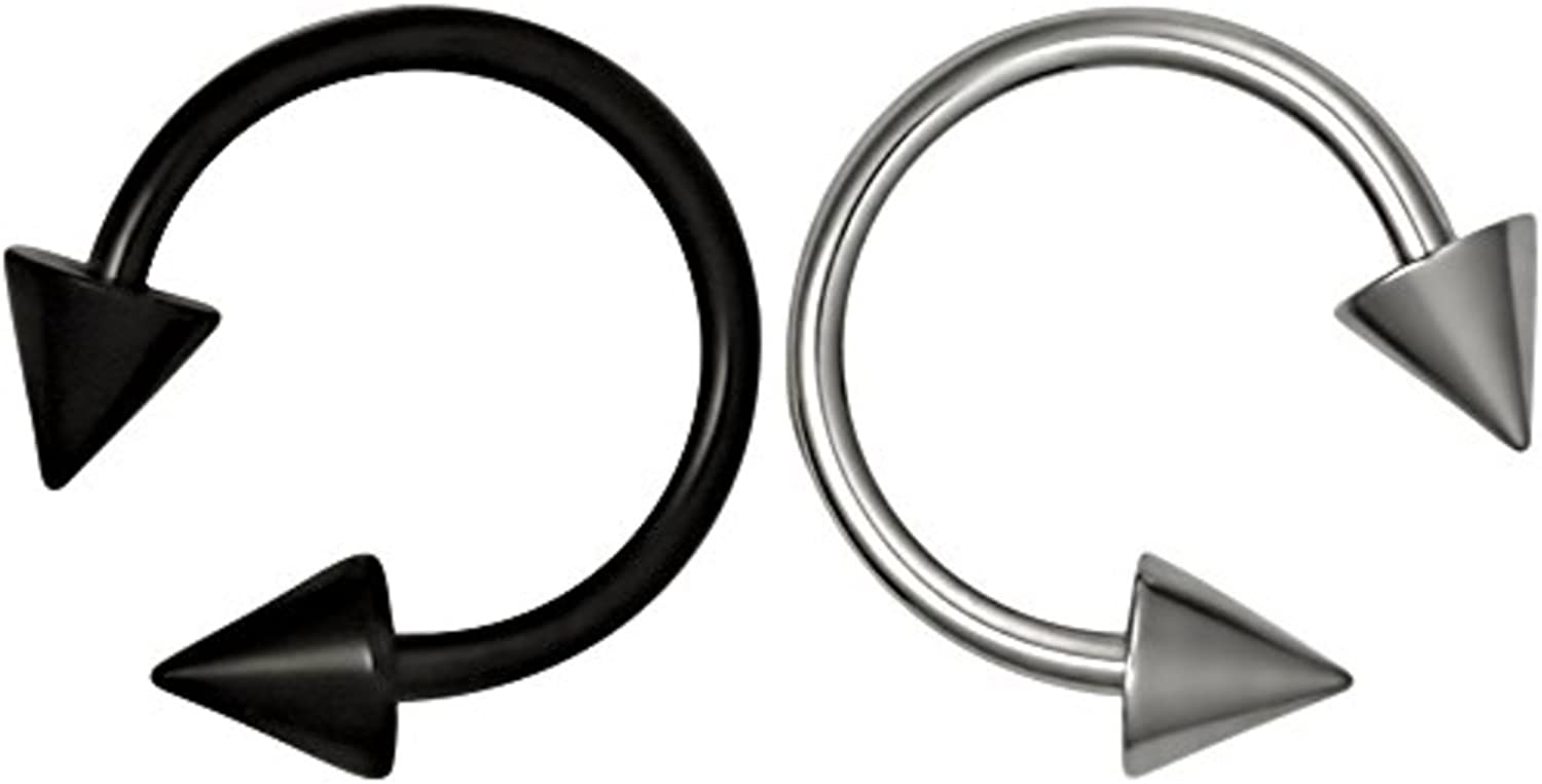 Forbidden Body Jewelry Set of 2 Rings: 16g 3/8" Black Titanium IP Plated and Surgical Steel Spiked Horseshoe Rings